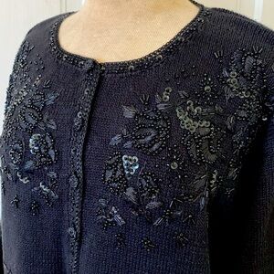 Vintage Floral Y2K Black Beaded Embellished Tiara Knit Sweater Cardigan 18/20